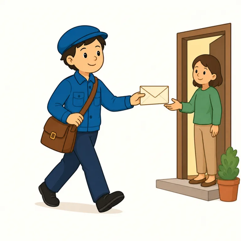 messenger（使者、使いの者・名詞）の覚え方イラスト — message（伝言）を運ぶ人、と分けて覚えると定着しやすい語です