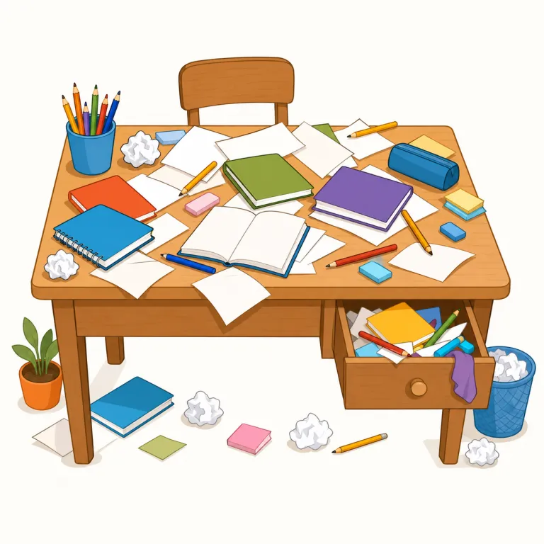 messy（乱雑な・形容詞）の覚え方イラスト — messy の「乱雑な」は、名詞 mess「ごちゃごちゃした状態」から直接考えると覚えやすいです