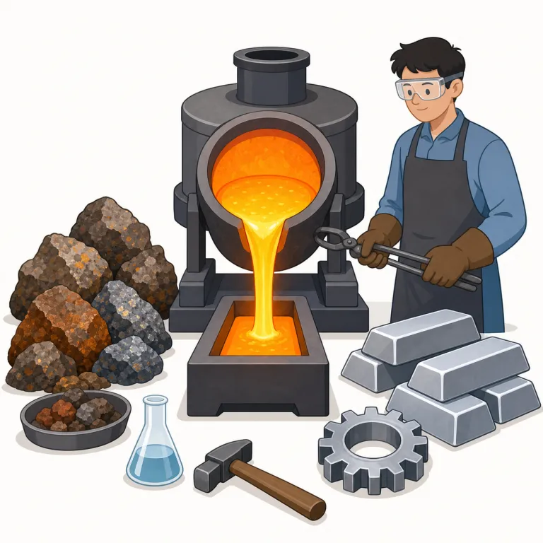 metallurgy（冶金学・名詞）の覚え方イラスト — まず metal がそのまま入っているので「金属の分野」とつかむ