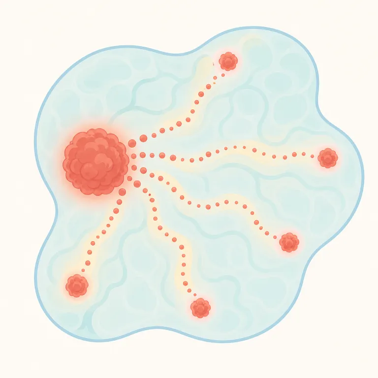 metastasize（転移する・動詞）の覚え方イラスト — まず metastasis（がんの転移）を知っていれば、その動詞版が metastasize と覚えると早い
