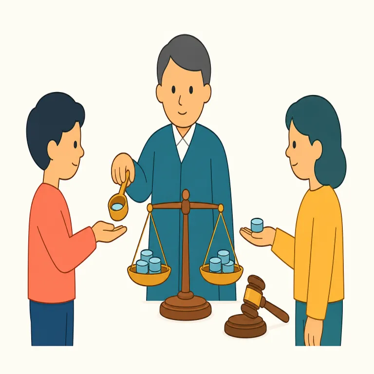 mete out（与える・句動詞）の覚え方イラスト — out があるので「外へ配る」と捉えると覚えやすい表現です