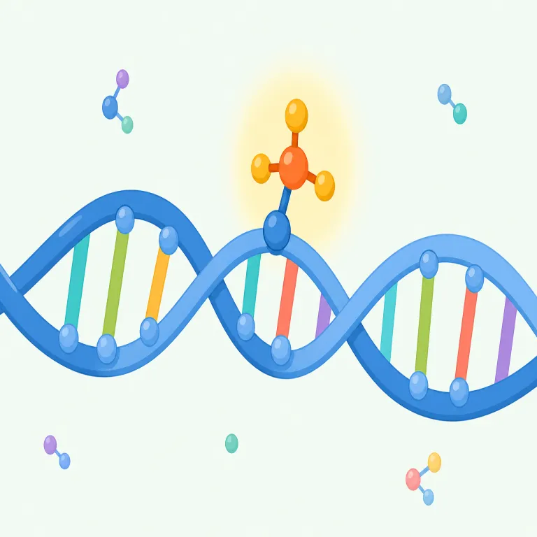 methylation（メチル化・名詞）の覚え方イラスト — まず methyl を『メチル基そのものの名前』として固定し、-ation は『〜化・その過程』と読む癖をつけると、methylation は『メチル基を付けること』とすぐ戻…