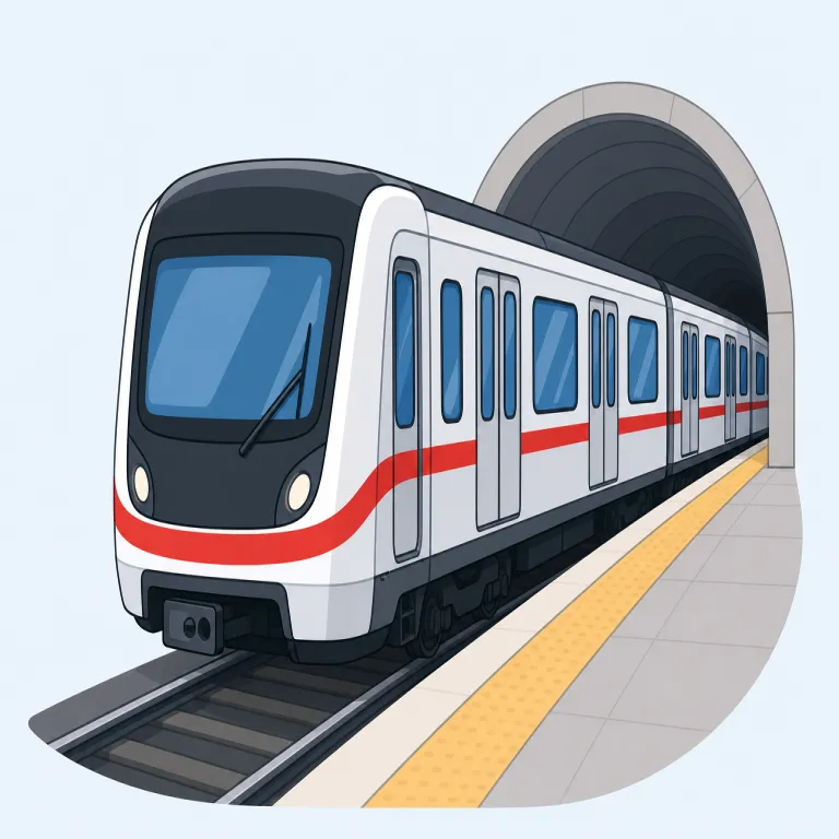 metro（地下鉄・名詞）の覚え方イラスト — metro は metropolitan「大都市の」と同じ語源を持つ短い語で、都市の中を走る公共交通システムを指すと覚えます
