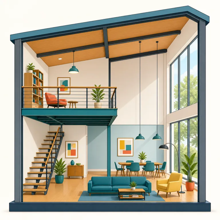 mezzanine（中二階・名詞）の覚え方イラスト — 建物の正式な1階・2階のどちらでもなく、その“間に差し込まれた半分の階”を思い浮かべると覚えやすい語です