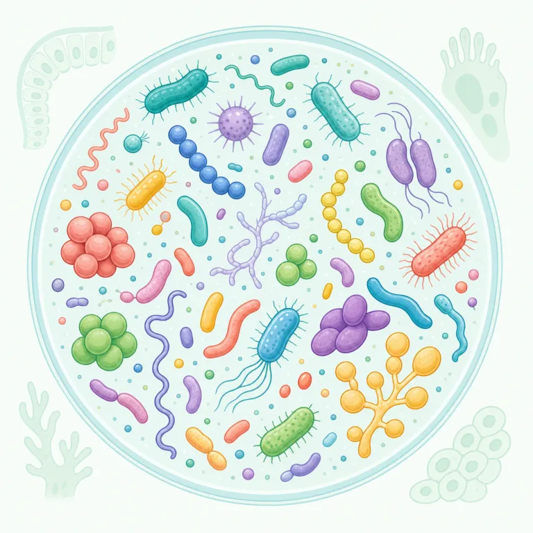 microbiota（微生物叢・名詞）の覚え方イラスト — micro- は microscope や microwave の「小さい」、bio- は biology の「生命」