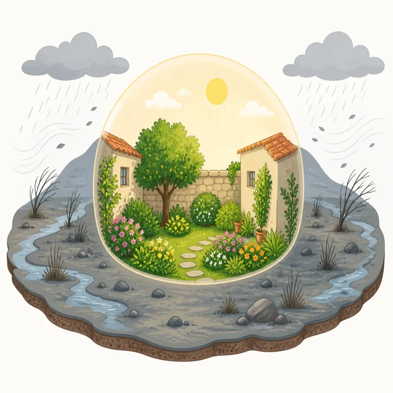 microclimate（微気候・名詞）の覚え方イラスト — このエントリの「微気候」は、局地気候という一般的な言い換えよりも、研究・技術文脈で観察される細かな気象条件として覚える