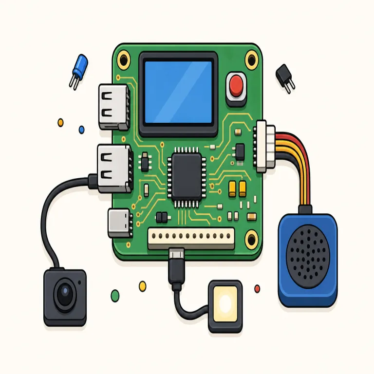 microcomputer（マイコン・名詞）の覚え方イラスト — micro- は microscope, microwave, microchip などで見慣れる「小さい」の合図