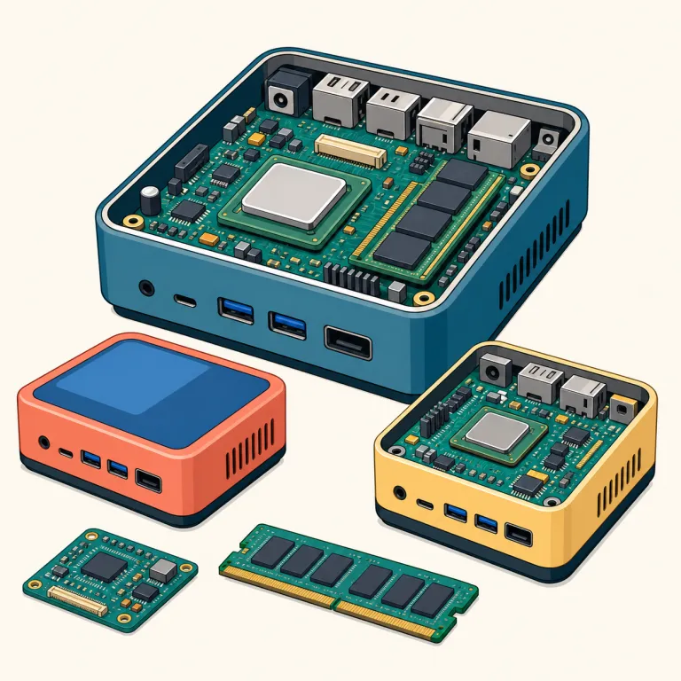 microcomputers（マイクロコンピュータ・名詞）の覚え方イラスト — `micro-` は `microphone` や `microscope` と同じく「小さい」を表す接頭辞、`computer` はそのまま「計算機」