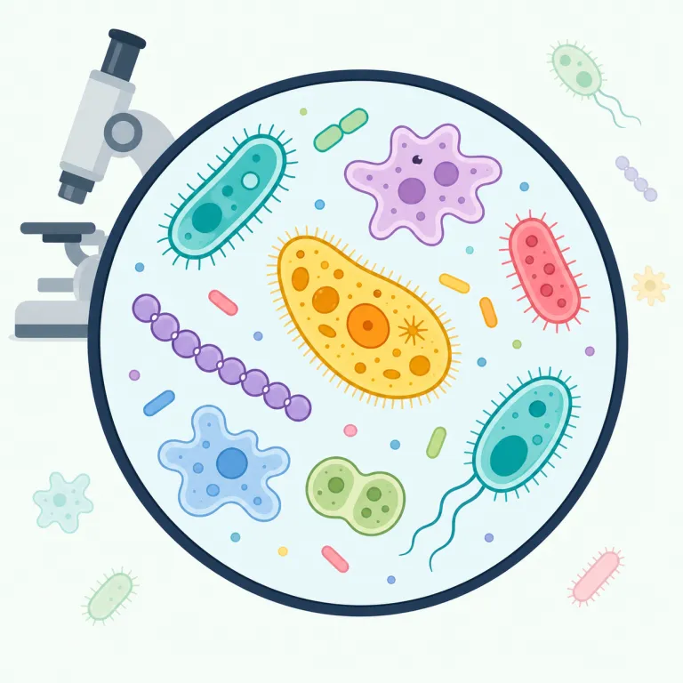 microorganism（微生物・名詞）の覚え方イラスト — `micro-` は microscope, microwave などでも見かける「小さい」の印なので、まずそこで反応できるようにすると強いです