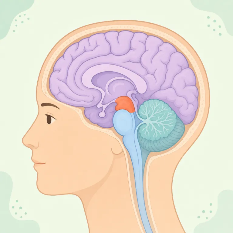 midbrain（中脳・名詞）の覚え方イラスト — mid- は midway、midday、midpoint などで見慣れた「真ん中」の感覚をそのまま使える接頭要素