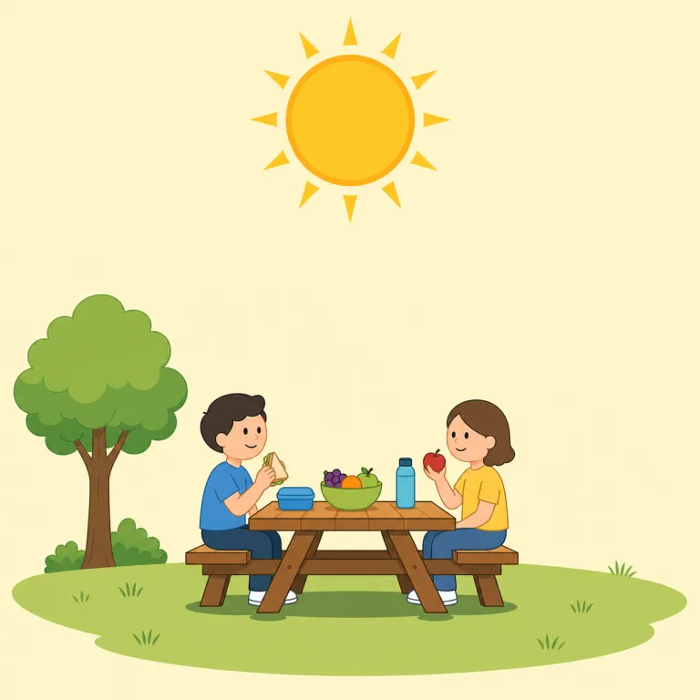 midday（正午・名詞）の覚え方イラスト — このエントリのmiddayは、基本義の「真昼」とは別に、時計上の一点としての「正午」を答える用法として覚えます