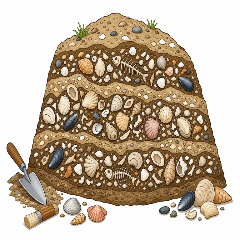 midden（ゴミ捨て場・名詞）の覚え方イラスト — この midden は「貝塚」という基本義とは別に、廃棄物が積もった場所という珍しい意味で覚えます