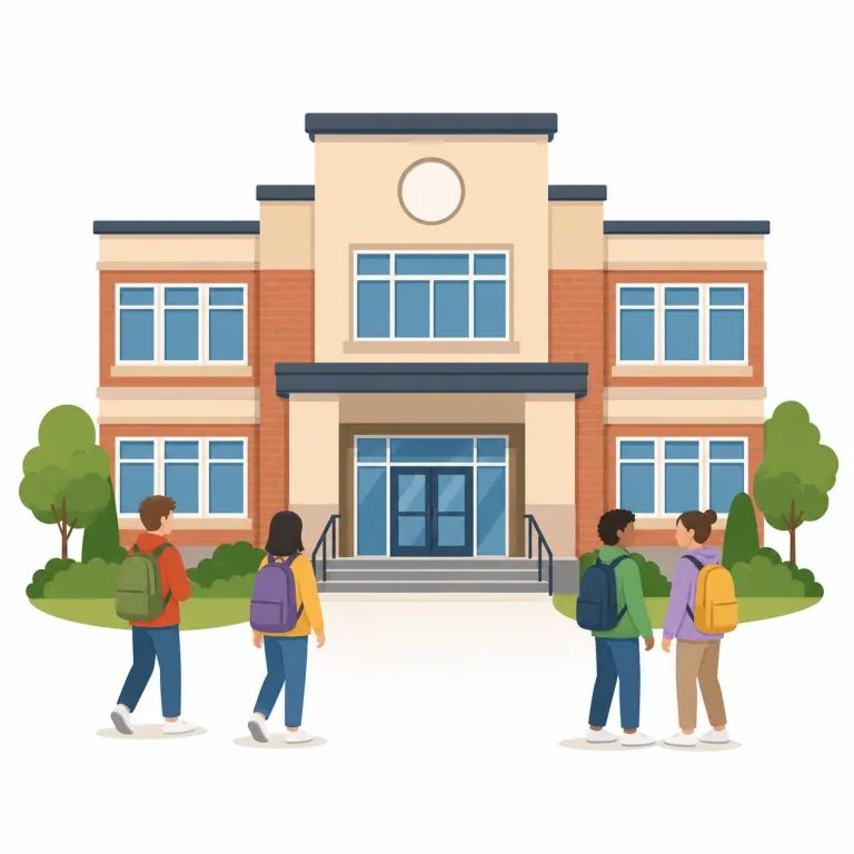 middle school（中学校・名詞）の覚え方イラスト — middle は「真ん中」、school はそのまま「学校」