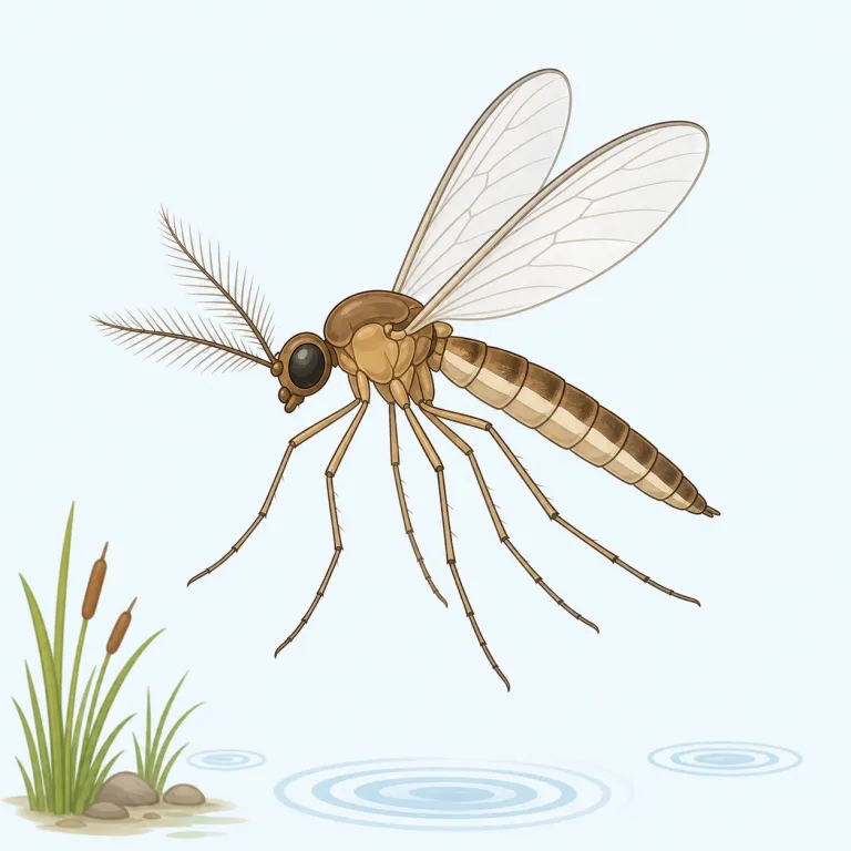 midge（小さな羽虫・名詞）の覚え方イラスト — midge は、形の近い mosquito「蚊」より小さく、種類を厳密に言わない「蚊のような小さな羽虫」として覚えると使いやすい