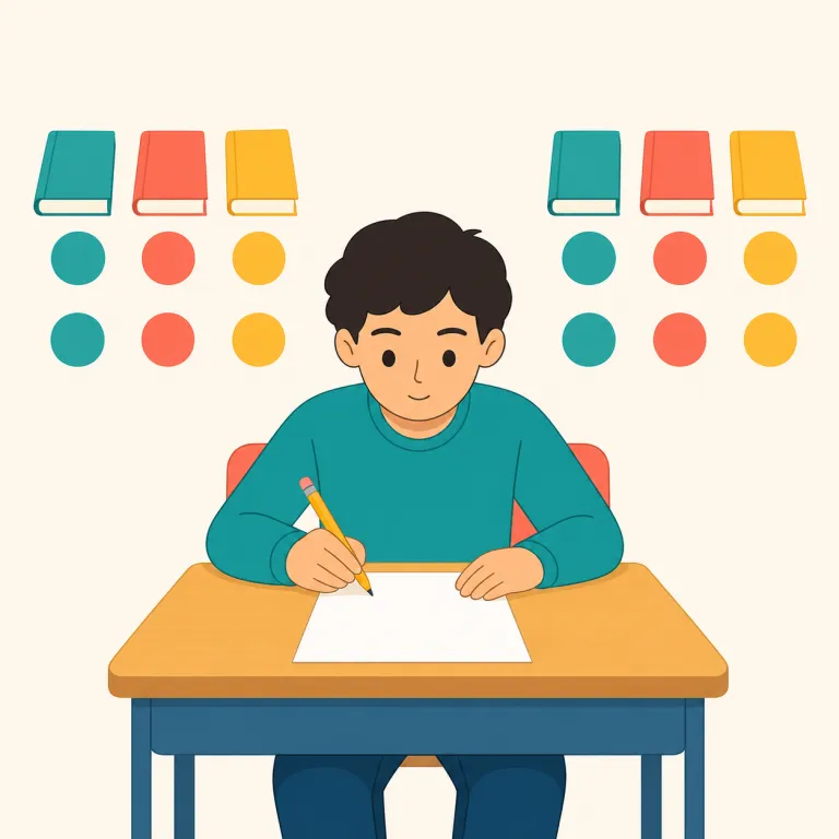 midterm（中間試験・名詞）の覚え方イラスト — mid-「中間」＋ term「学期」で、「学期の中間にある試験」と覚えれば意味をそのまま再現できます