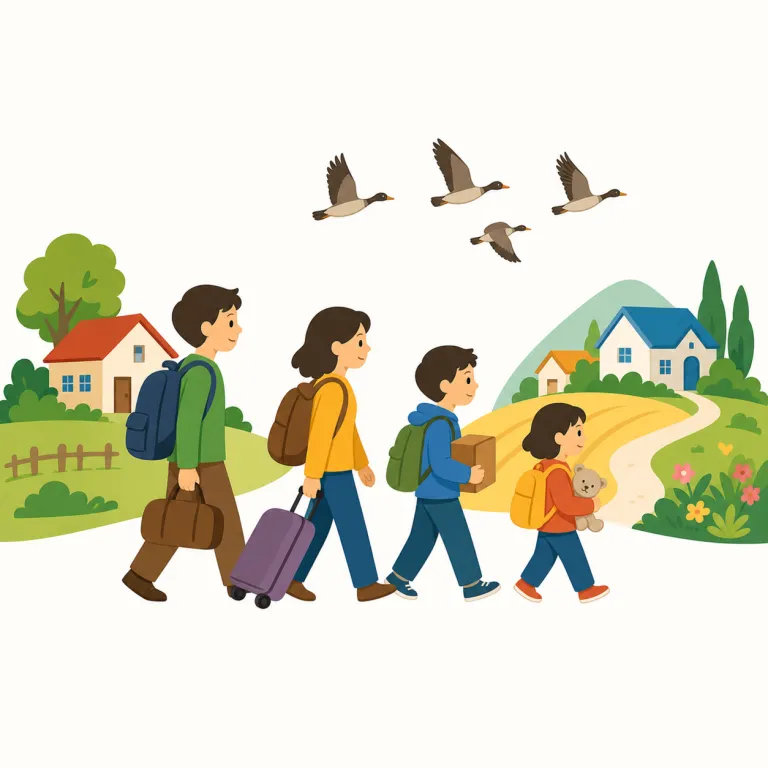 migrate（移住する、移動する、移行する・動詞）の覚え方イラスト — move より少しかたい語で、「ある場所・環境から別の場所・環境へ、生活や仕組みごと移る」イメージで覚えると残りやすい
