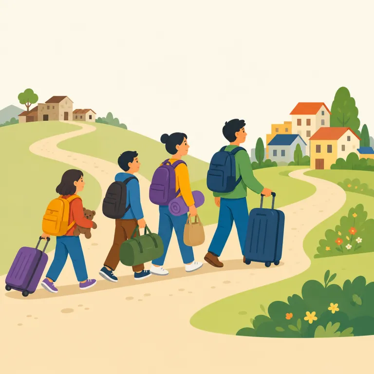 migration（移住・名詞）の覚え方イラスト — この migration は、単なる「移動」ではなく、人が生活の拠点を別の地域や国へ移して住む「移住」の意味です