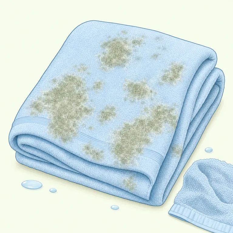 mildew（カビ・名詞）の覚え方イラスト — mold を知っているなら、mildew はその中でも「湿気の多い場所の表面に出る、白っぽく広がりやすいカビ」と細めに覚えると定着しやすい
