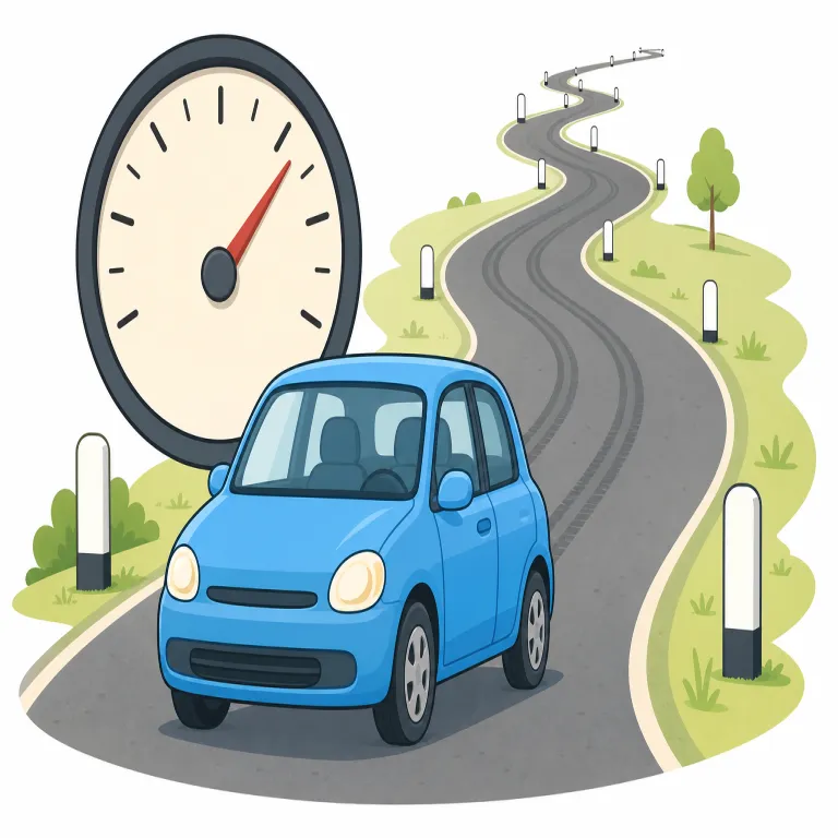 mileage（走行距離・名詞）の覚え方イラスト — mileage は mile + -age で、「マイルで数えた量」という発想から覚えると、車の「走行距離」につながります