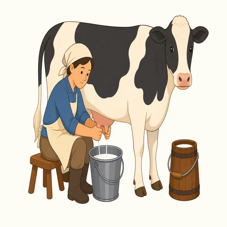 milkmaid（乳搾りの女・名詞）の覚え方イラスト — milk はそのまま「牛乳」