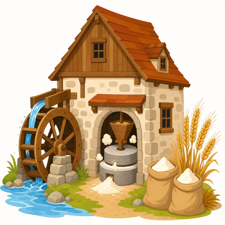 mill（製粉所・名詞）の覚え方イラスト — mill の製粉所という意味は、flour mill や grain mill のように穀物を粉にする場所を指すと考えると覚えやすいです