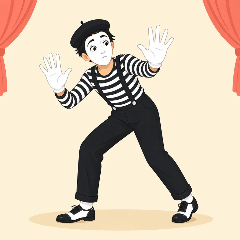 mime（パントマイム / 無言劇・名詞）の覚え方イラスト — mime は「まねる」を意味する mimic と同じ語源を持ち、声ではなく動作で何かを再現する表現
