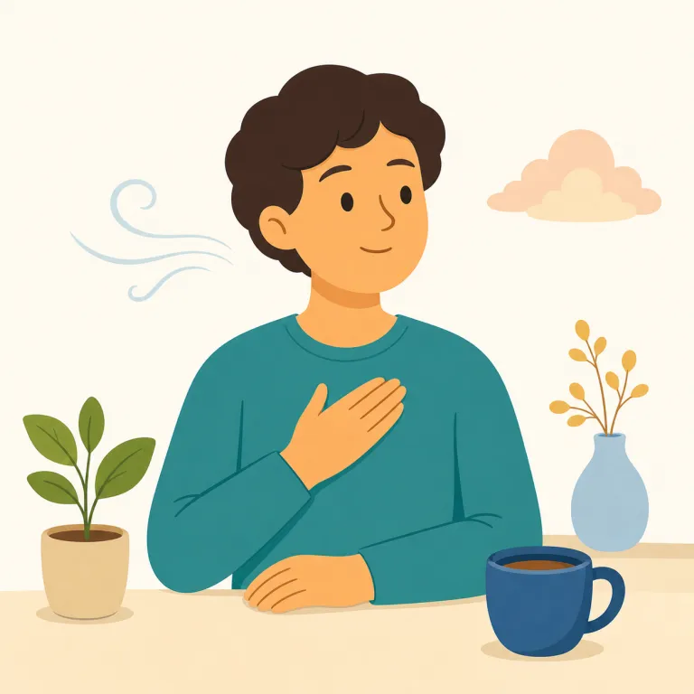 mindful（注意深い・形容詞）の覚え方イラスト — この「注意深い」の mindful は、単に何かを心に留めているという基本義とは別に、目の前の状況や自分の言動に静かに意識を向けて行動する感じを覚えるとよいです
