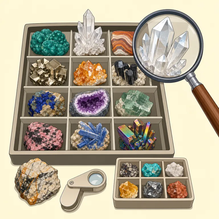 mineralogy（鉱物学・名詞）の覚え方イラスト — mineralogy は mineral + -logy と見れば覚えやすい