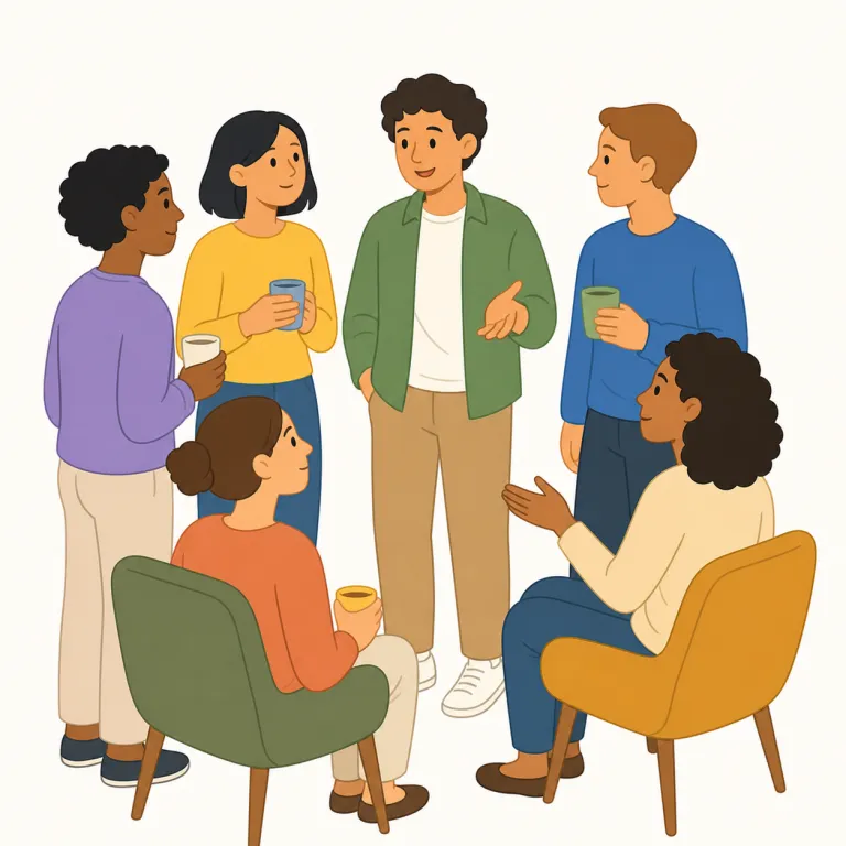 mingle with（人と交わる・句動詞）の覚え方イラスト — この「人と交わる」は、mingle with の中でも人の集まりに入って会話し、自然に交流する意味です