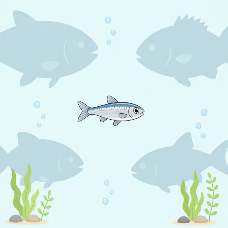 minnow（小魚 / 小物・名詞）の覚え方イラスト — minnow はまず mini を連想して、小さいものという感覚に結びつけると入りやすいです