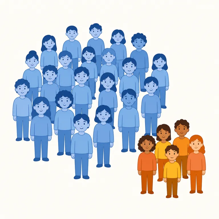 minority（少数派・名詞）の覚え方イラスト — minority は minor「小さい・少ない」に -ity が付いた語で、「数の少ない側」という発想が中心です