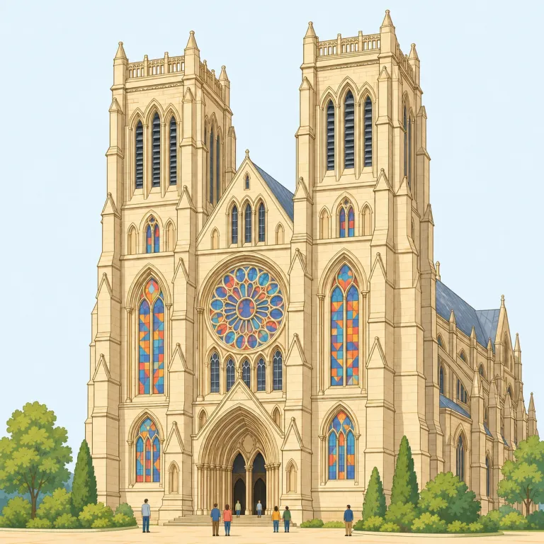 minster（大聖堂・名詞）の覚え方イラスト — monastery（修道院）や minister（聖職者・公的役職）を知っていると、minster も“宗教的で格式の高いもの”という方向でつかみやすい