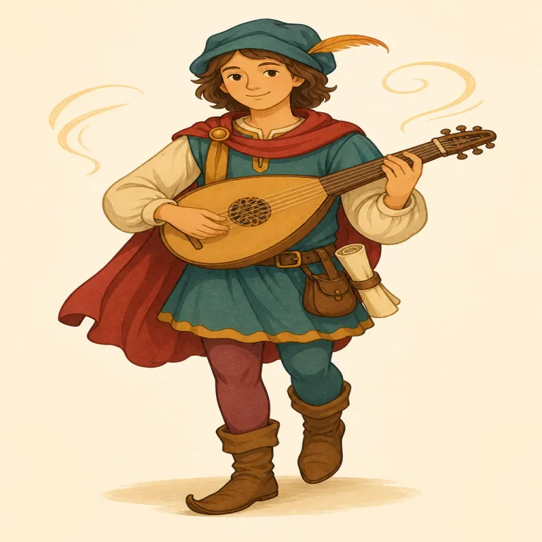 minstrel（吟遊詩人・名詞）の覚え方イラスト — minstrel は意味だけで覚えるより、「中世の城や市場を回り、リュートのような楽器を手に、歌いながら物語を聞かせる人」という一枚絵で覚えると定着します