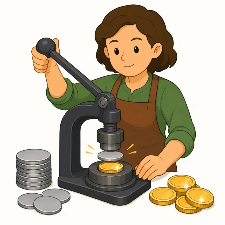 minter（造幣者・名詞）の覚え方イラスト — mint には「貨幣を鋳造する」という意味があり、-er は writer や maker と同じく「それをする人」を作る接尾辞です