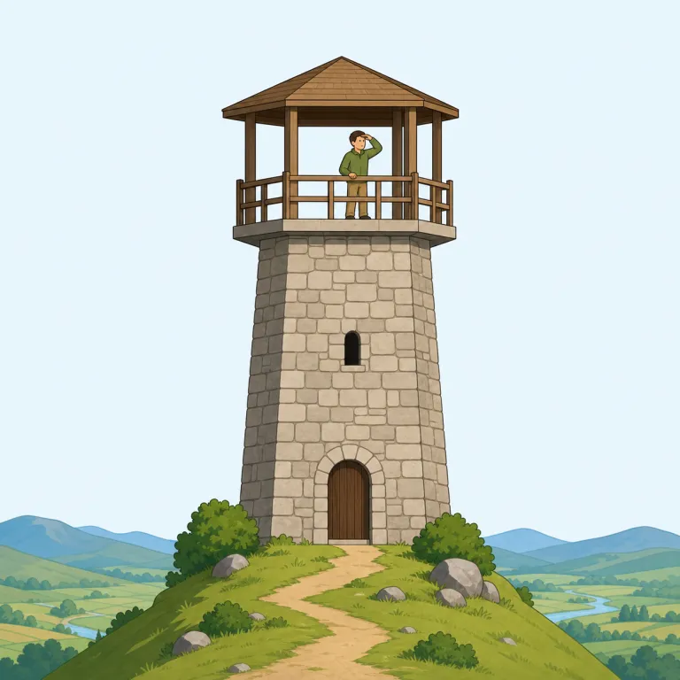 mirador（見張り台・展望塔・名詞）の覚え方イラスト — mirror や admire にある「見る・眺める」感じを手がかりにすると覚えやすい語
