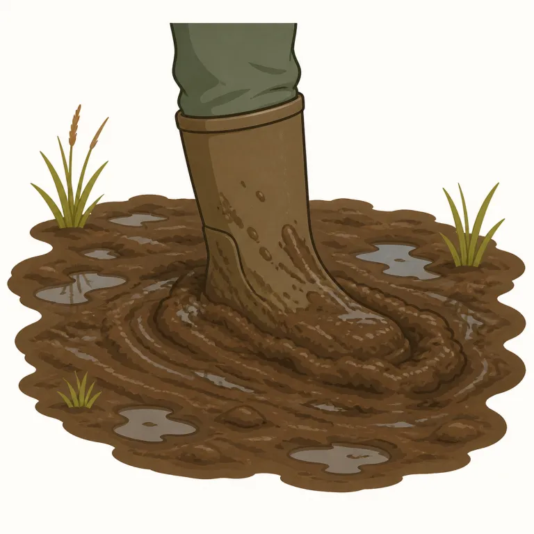 mire（ぬかるみ・名詞）の覚え方イラスト — mire は足を取られる深い泥やぬかるみを指す名詞です
