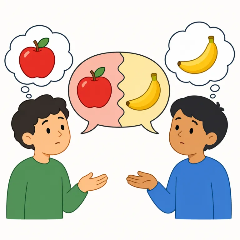 miscommunication（意思疎通の行き違い・名詞）の覚え方イラスト — communication が「意思疎通」だと分かれば、先頭の mis- を見て「うまくいっていない communication」と捉えると覚えやすい