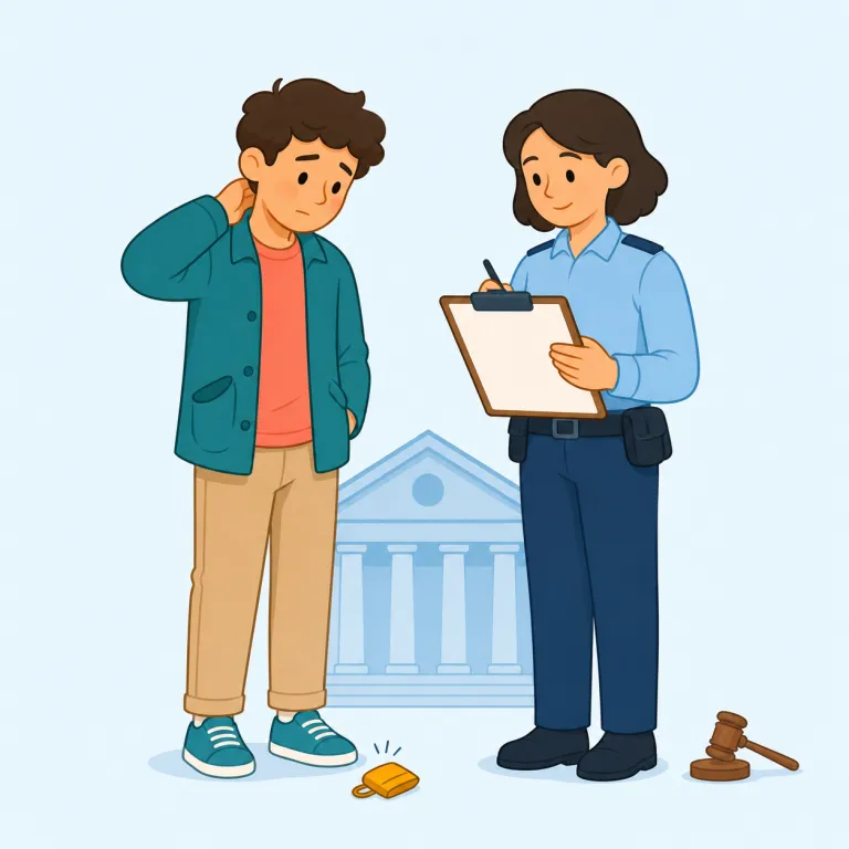 misdemeanor（軽犯罪・名詞）の覚え方イラスト — 法廷で犯罪を重さで分けると、重いのが felony、軽い側が misdemeanor