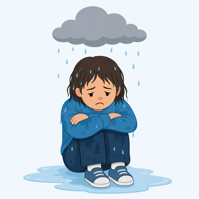 miserable（惨めな・形容詞）の覚え方イラスト — miserable は misery（悲惨さ・苦痛）から、「心身が沈むほど惨めな」と覚えます