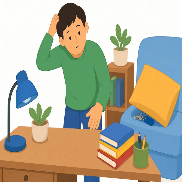 misplace（置き忘れる・動詞）の覚え方イラスト — mis- は「間違って」の感覚で覚えると、mistake や misunderstand と同じ仲間だと見えてきます