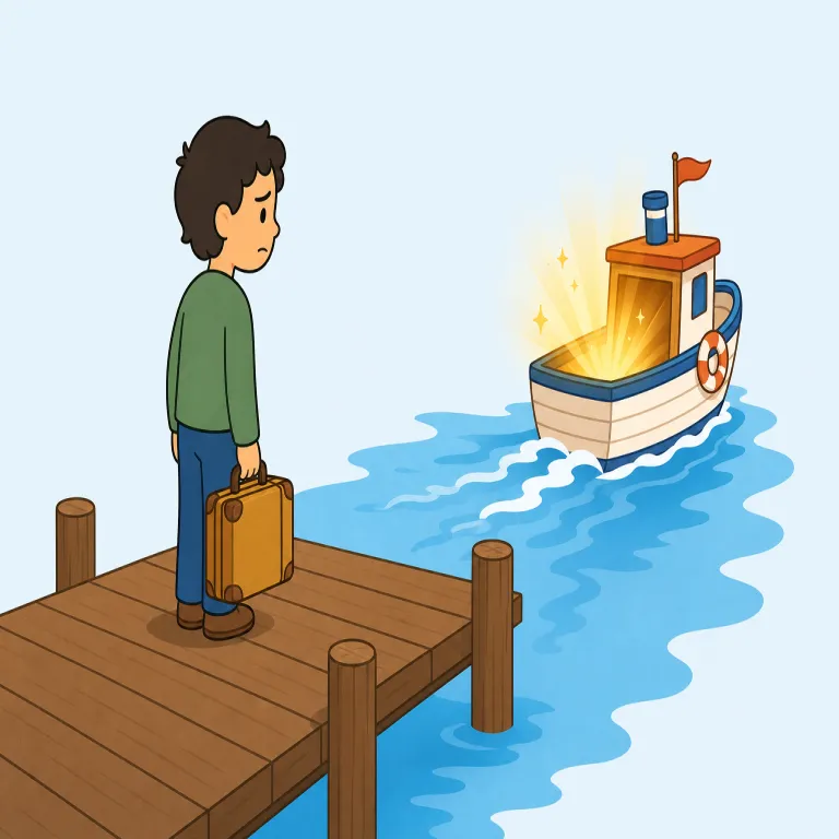 miss the boat（好機を逃す・イディオム）の覚え方イラスト — miss は「逃す・見落とす」でよく出る基本動詞