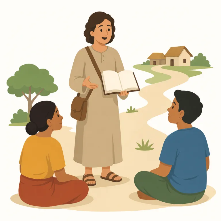 missionary（宣教師・名詞）の覚え方イラスト — missionary を名詞で覚えるなら、mission「使命」を帯びて遠方へ向かう人物を思い浮かべます