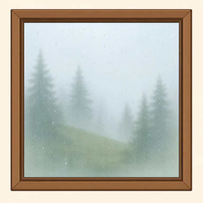 misted（霧がかかった・形容詞）の覚え方イラスト — このエントリの misted は、窓ガラスの基本義「曇った」ではなく、景色や山、森などが薄い霧に包まれて見える意味として覚える