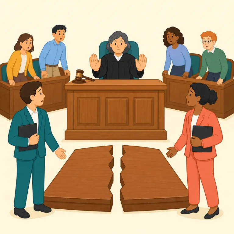 mistrial（審理無効・名詞）の覚え方イラスト — mis- は「悪く・誤って」、trial は「裁判・審理」