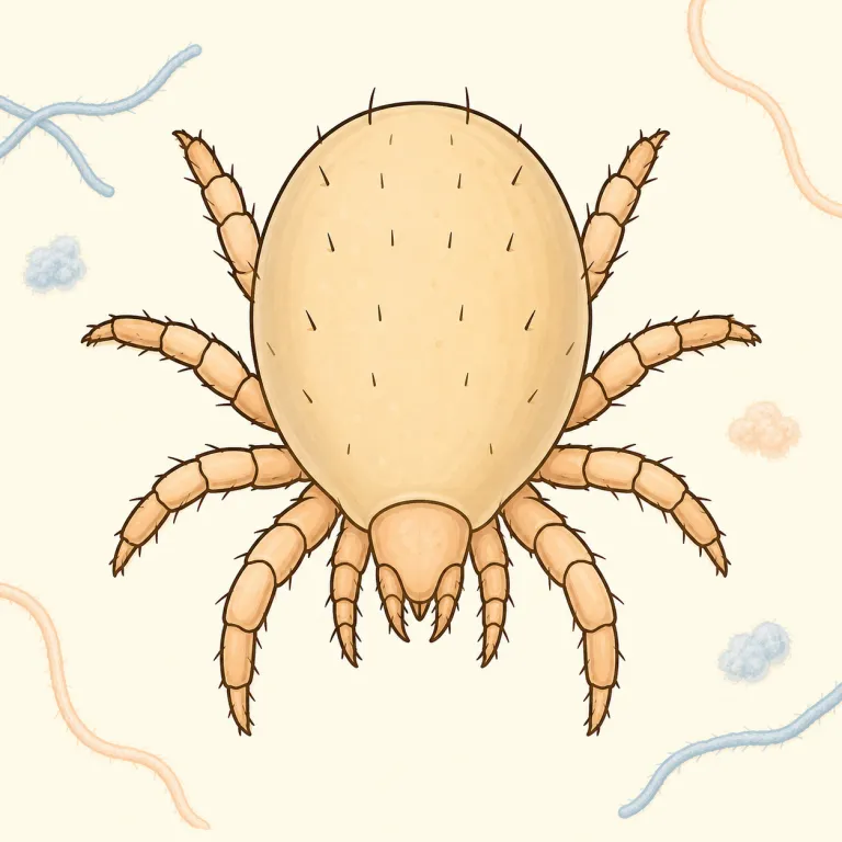 mite（ダニ・名詞）の覚え方イラスト — mite は小さなダニを指し、dust mite（チリダニ）、mite bite（ダニ刺され）が頻出の組み合わせ