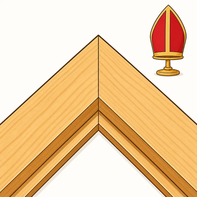 miter（留め継ぎ、司教冠・名詞）の覚え方イラスト — 木工では picture frame の四隅を45度で切ってぴたりと合わせる場面を思い浮かべると定着しやすい