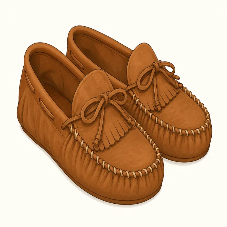 moccasin（モカシン・名詞）の覚え方イラスト — moccasin は、moccasin という特定の靴の種類名として覚えます