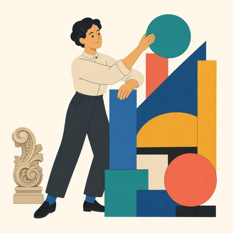 modernist（近代主義の・形容詞）の覚え方イラスト — modernist を形容詞で使うときは、人ではなく「作品や様式に貼るラベル」と考えると整理しやすいです