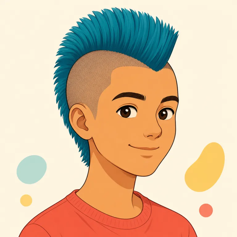 mohawk（モヒカン刈り・名詞）の覚え方イラスト — 「a mohawk」で髪型を指す形ごと覚えると定着しやすい語です