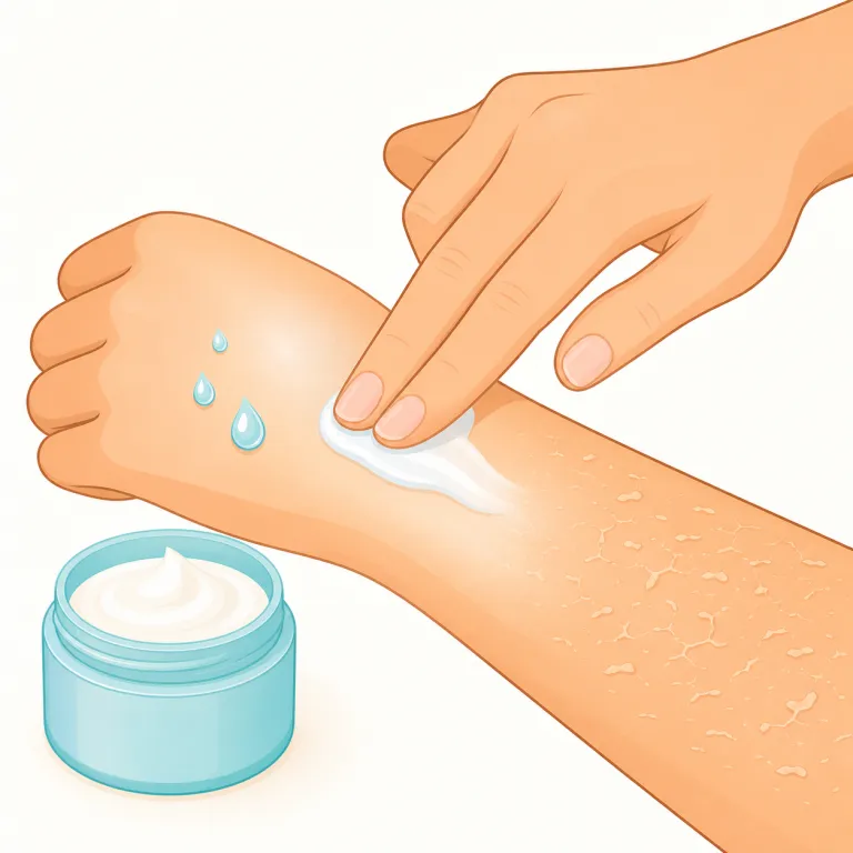moisturize（保湿する・動詞）の覚え方イラスト — moisturize は、化粧品やスキンケアで使う「保湿する」として覚えます